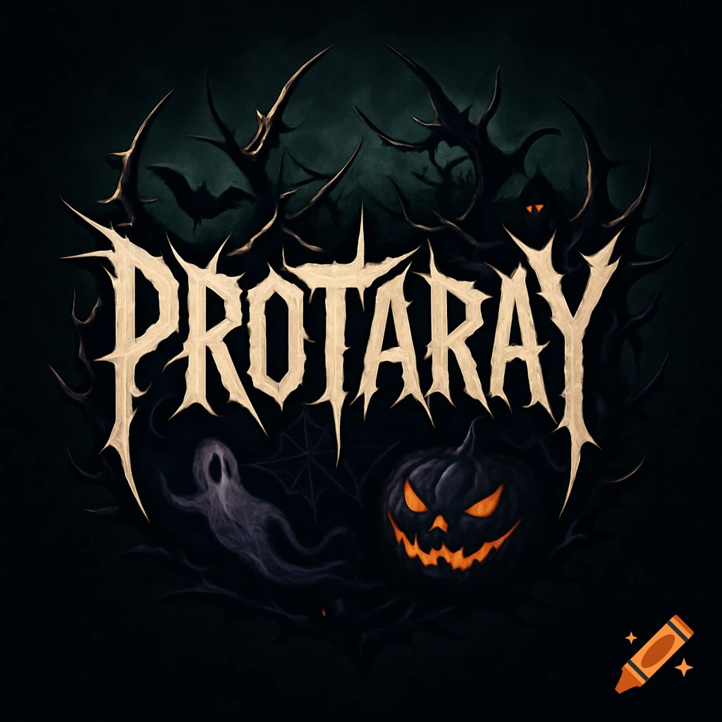Dark Halloween logo with 'PROTARAY' in spiky font, surrounded by thorns, a ghost, a jack-o'-lantern, and a bat.