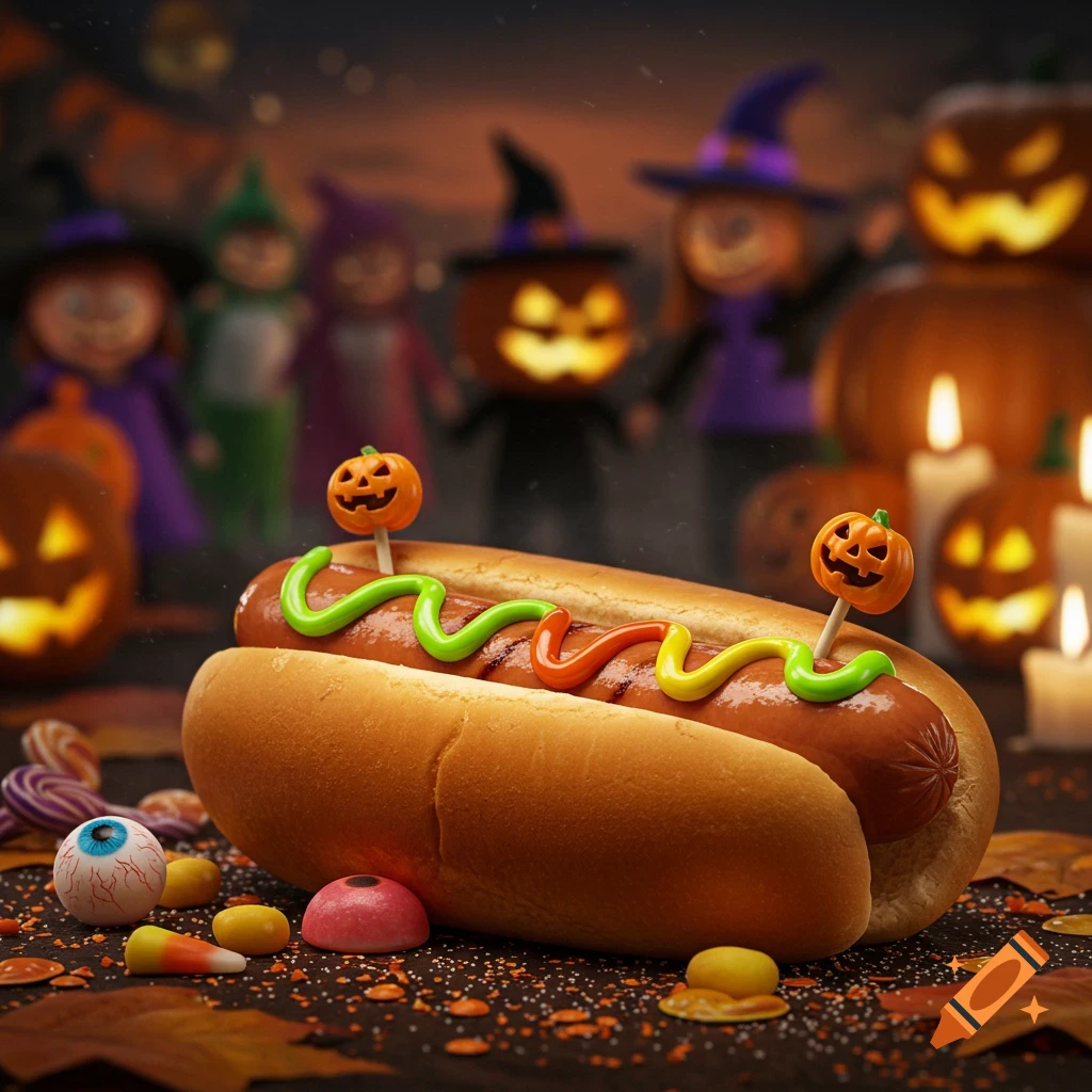 Photorealistic Halloween hotdog with green, orange, yellow sauces, pumpkin picks, candy, and blurred costumed figures with glowing jack-o'-lanterns.