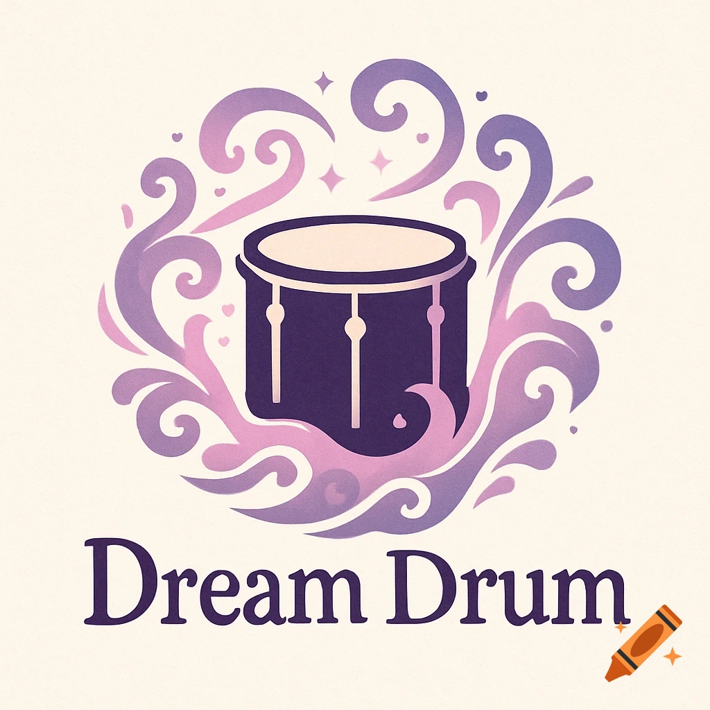 A purple and pink logo featuring a drum surrounded by decorative swirls and stars, with 'Dream Drum' text below.