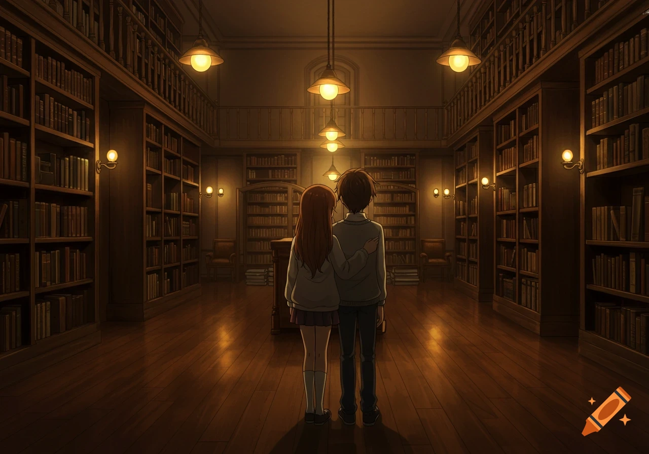 Anime style illustration of a couple from behind, standing in a dimly lit library with tall wooden bookshelves.