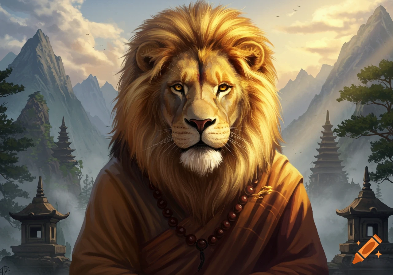 A majestic lion monk in orange robes and prayer beads sits contemplatively in a serene mountain landscape with temples and pagodas.