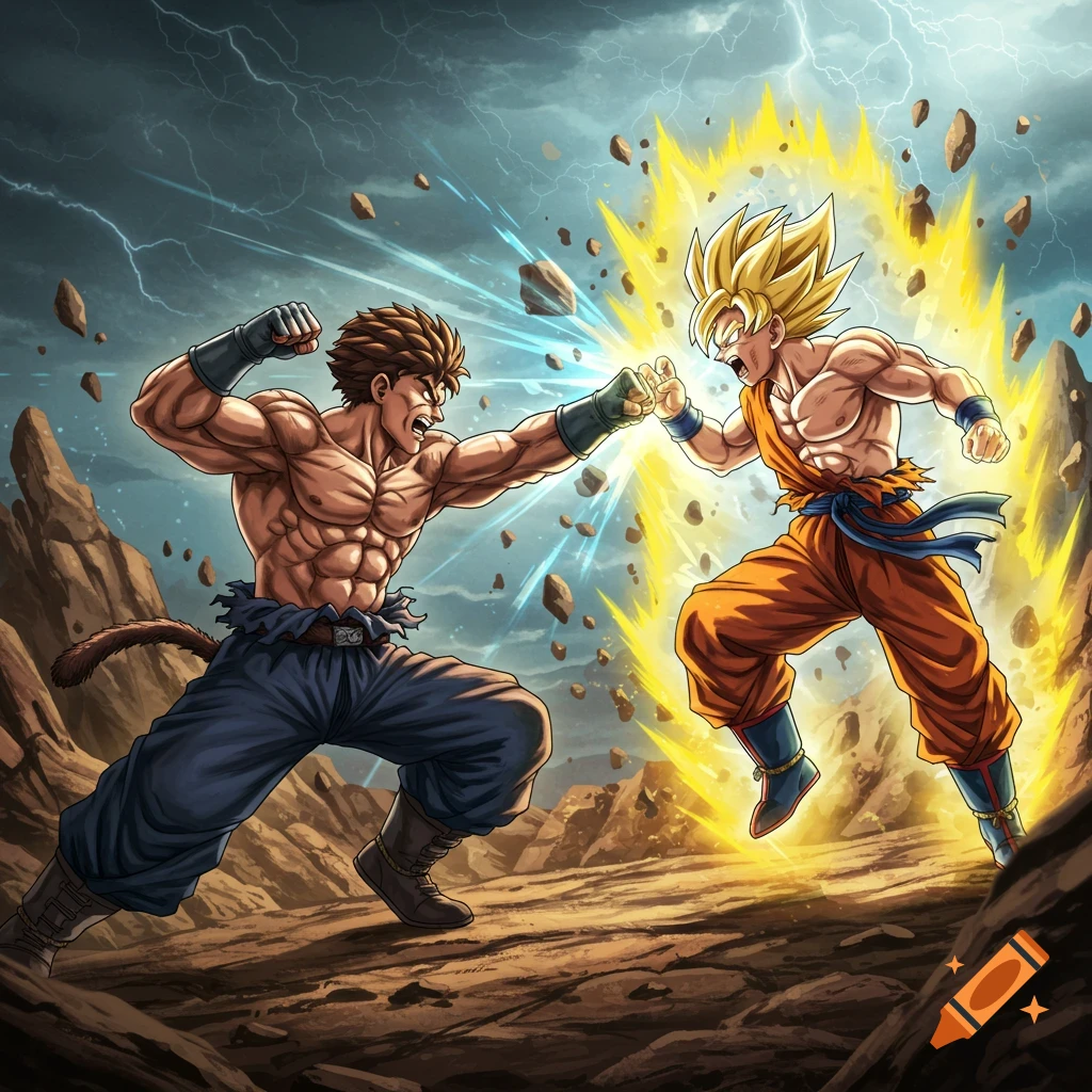 Anime-style fighters Baki Hanma and Super Saiyan Goku clash fists in a rocky, stormy landscape with energy effects.