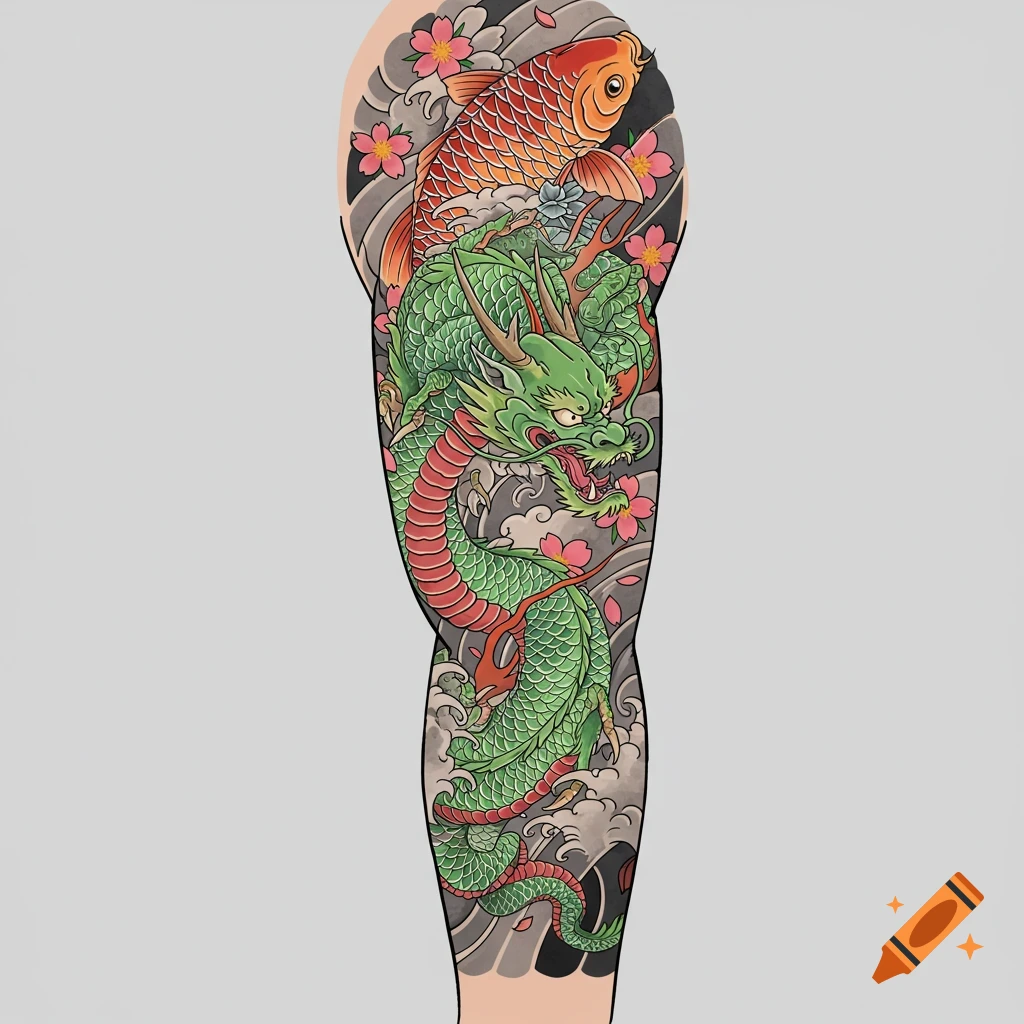 Vibrant Japanese full-sleeve tattoo design with a green dragon, orange koi fish, and pink cherry blossoms.