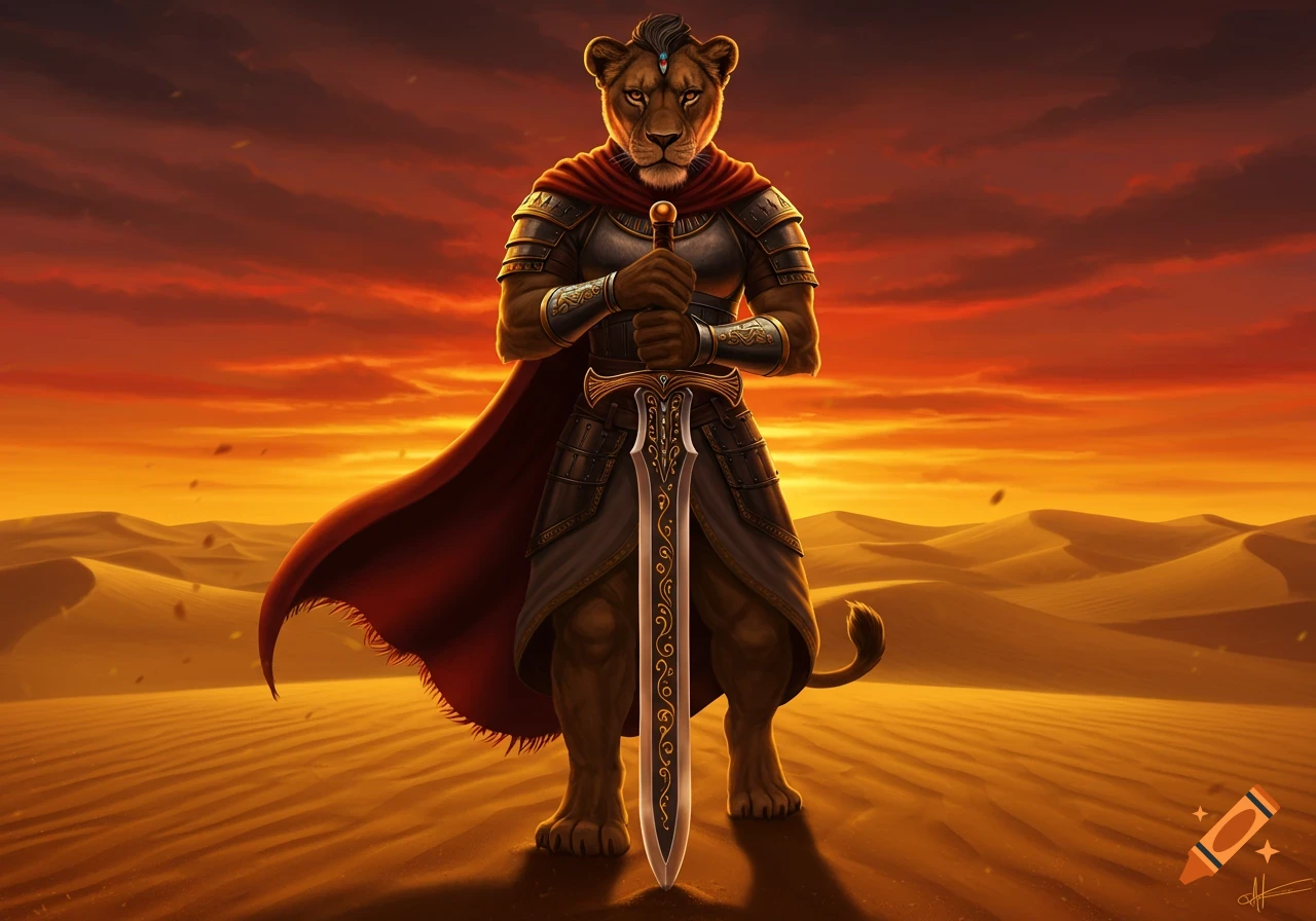 An armored lioness warrior stands heroically in a desert at sunset, holding an ornate sword with gold inlay.