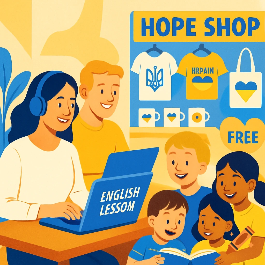 Vibrant illustration of adults learning English and children reading, with a Hope Shop selling Ukrainian patriotic items in the background.