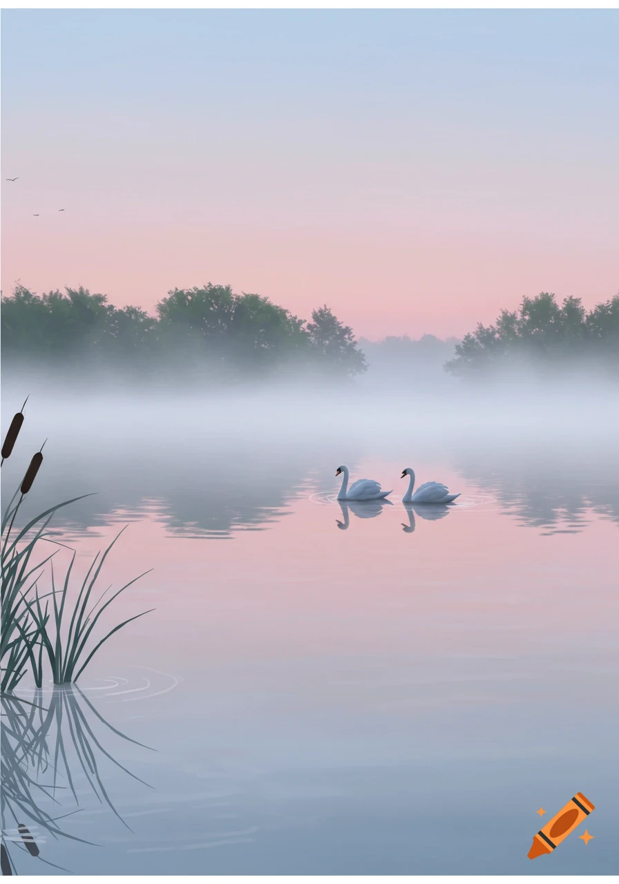 Two white swans glide across a foggy lake at dawn, surrounded by reeds, distant trees, and a pink and blue sky.