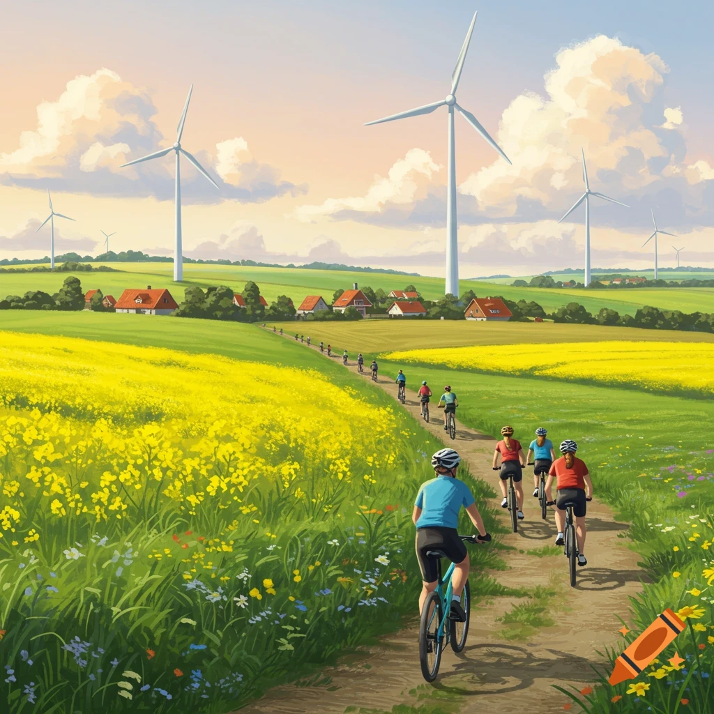 A group cycles on a dirt path through yellow fields and green hills with a village and wind turbines in the distance, illustrated.
