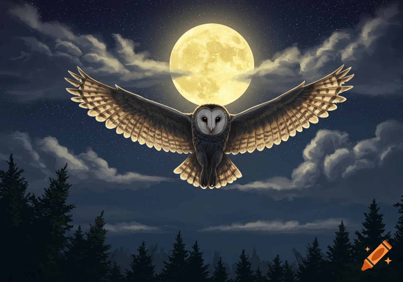An illustrated barn owl flies under a large, glowing full moon in a starry night sky above a dark forest.
