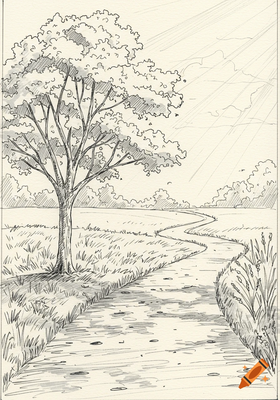 Black and white line sketch of a winding path through a grassy field with a large tree and sunshine.