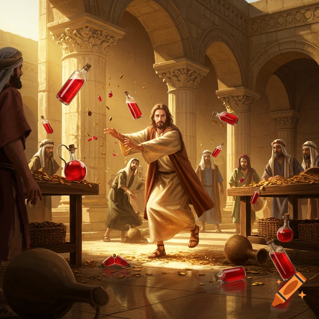 Jesus, with outstretched hands, clears a temple, sending red vials and coins flying while robed figures watch in a realistic painting.
