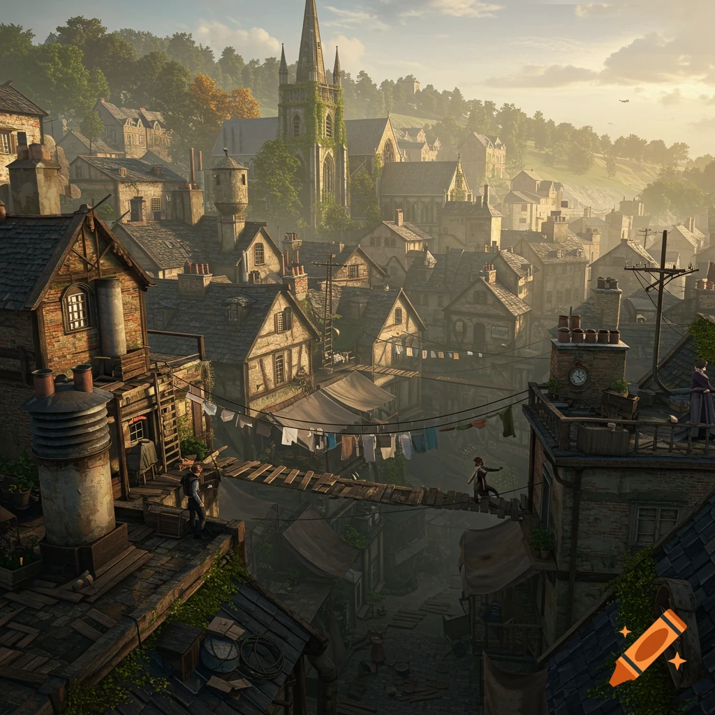 A hyper-detailed, high-angle view of a sprawling gothic city with weathered buildings, an ivy-covered cathedral, and connected rooftops.