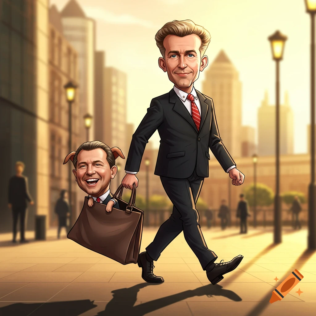 A cartoon caricature of a businessman in a suit walking in a city, carrying a bag with a smiling, dog-eared politician's head peeking out.