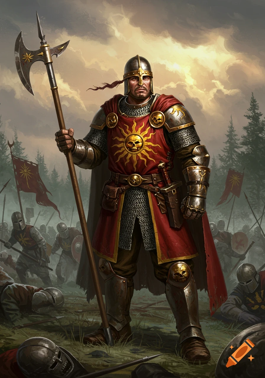 A heavily armored fantasy warrior with a sun-skull emblem on his chest stands on a battlefield with a poleaxe, surrounded by soldiers.