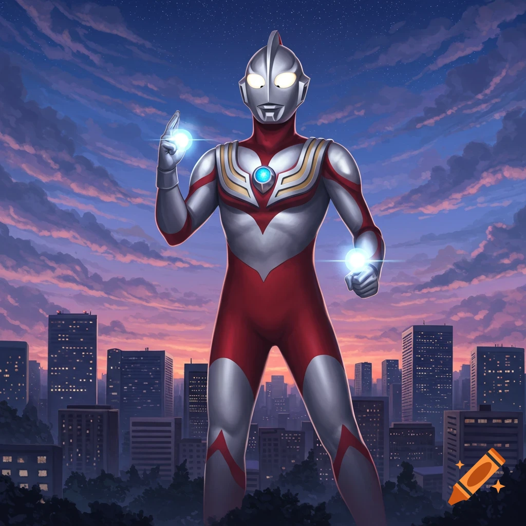 Ultraman Tiga stands in a city at sunset, glowing energy from his hands.