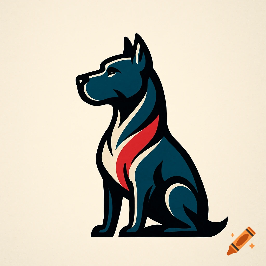 Stylized logo of a dark blue dog sitting, facing left, with red and white abstract markings on its chest.