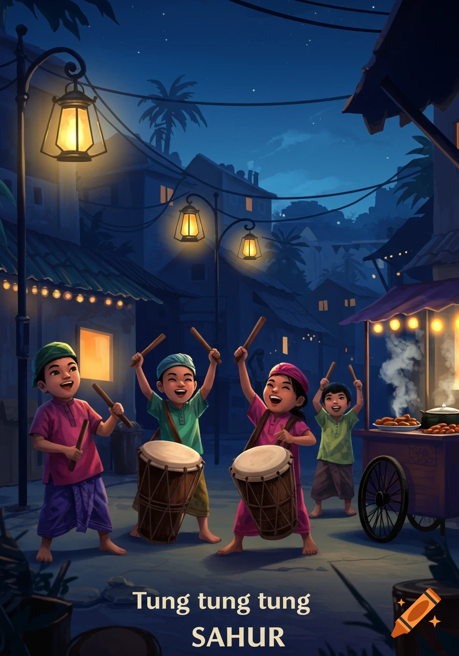 Four happy children play drums on a street at night, with lanterns and a food cart, featuring the text "Tung tung tung SAHUR".