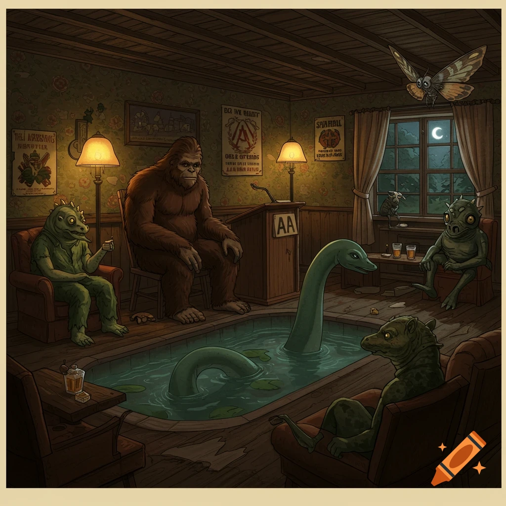 An illustration depicts cryptids at an AA meeting in a dimly lit room. Bigfoot sits at a podium marked 'AA', while a lizard-like creature in an armchair listens. A Nessie-like creature swims in a small pool. Other cryptids are present, and the room has vintage wallpaper and posters with garbled text.