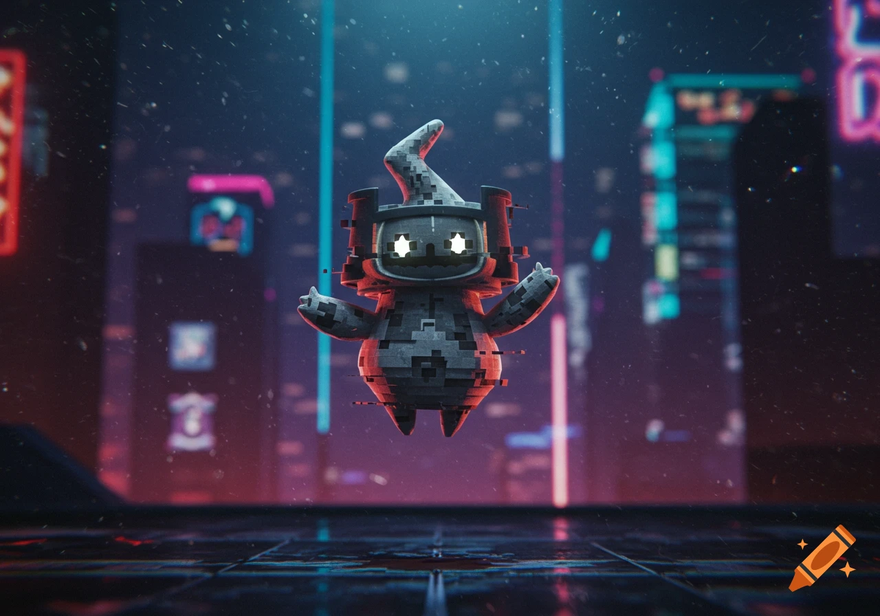 A pixelated, glitchy MissingNo-like creature with glowing star eyes floats in a dark, neon-lit cyberpunk city.