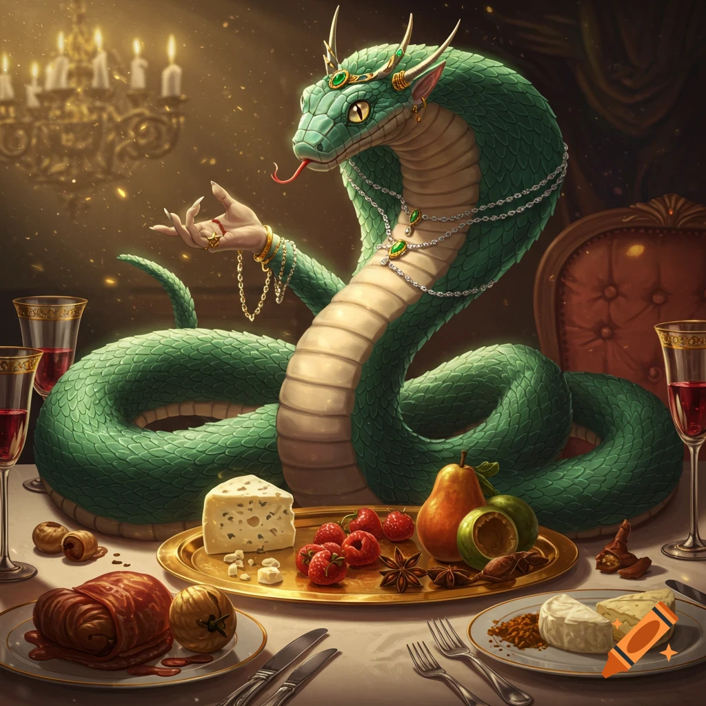 A majestic green snake creature with a human hand, adorned with jewels, dines at a lavish table filled with food in a candlelit room.
