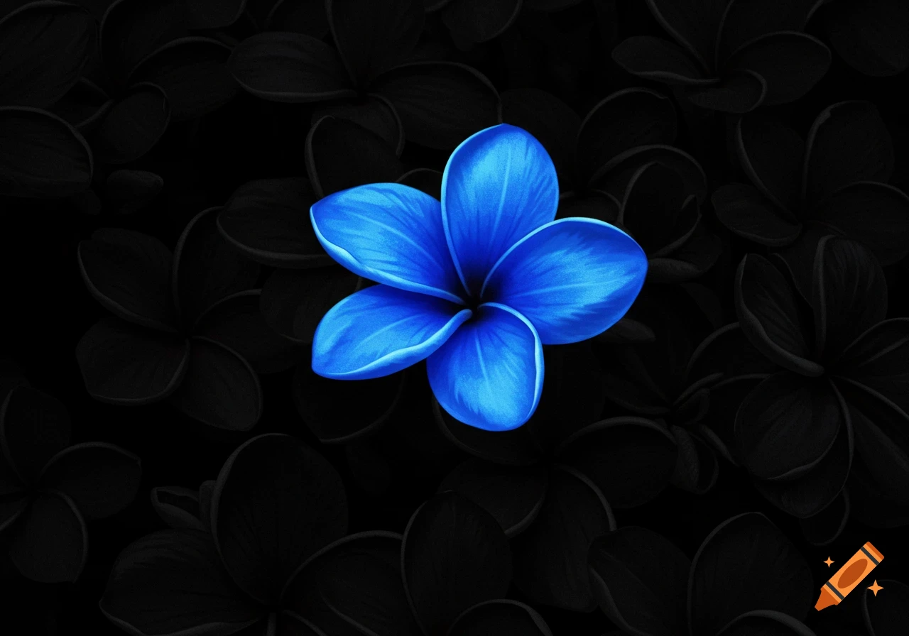 A vibrant blue frangipani flower against a dark background of silhouetted black frangipani flowers.