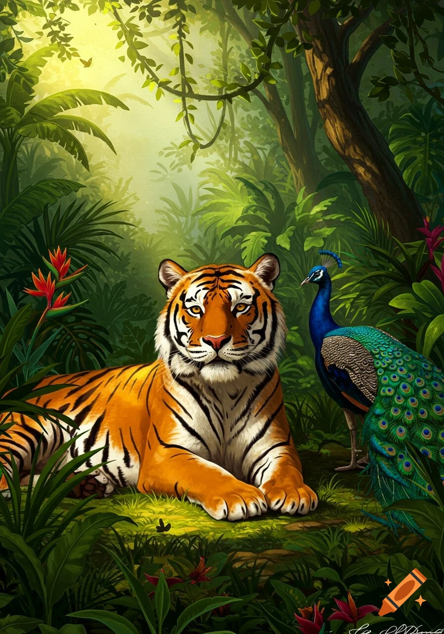 A majestic tiger lies in a vibrant, sun-dappled jungle next to a colorful peacock, in an illustrative style.