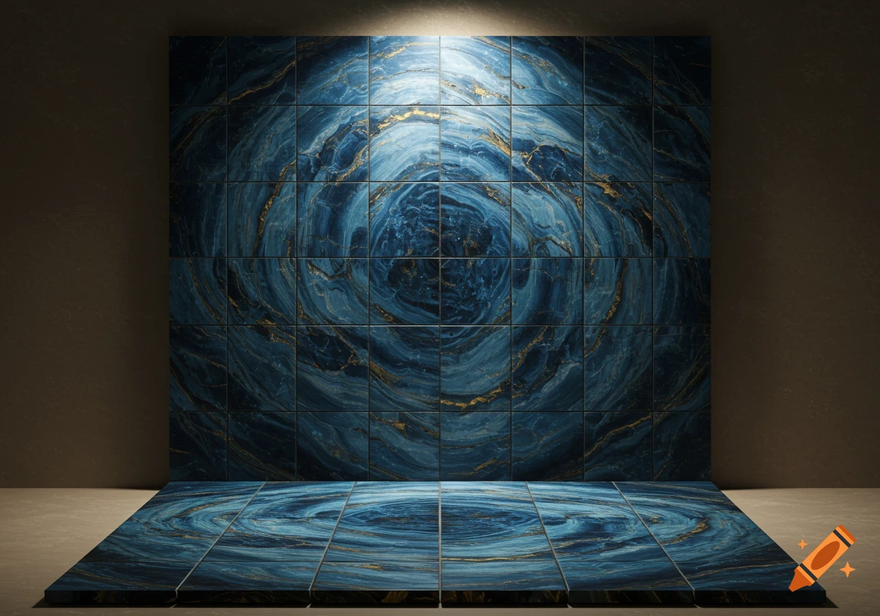 A tiled wall and floor featuring a swirling blue and gold marble pattern, illuminated from above.