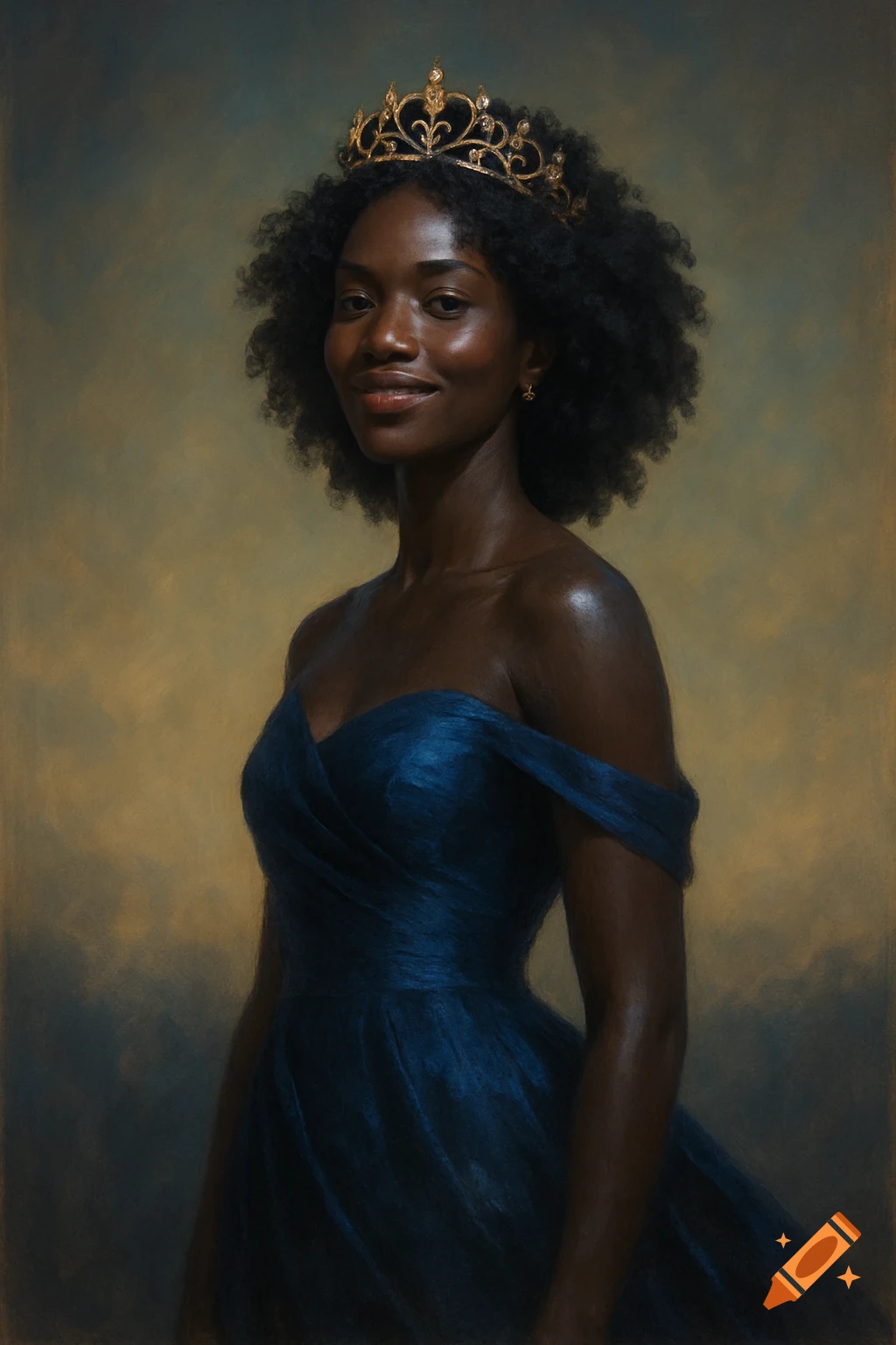 A beautiful Black woman with curly hair wears a golden crown and a blue off-the-shoulder gown, posing in a painted portrait style.