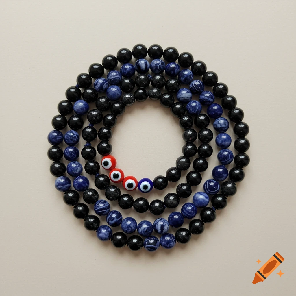 Black obsidian and blue sodalite mala beads with red and blue evil eye beads, arranged in a spiral on a light background.