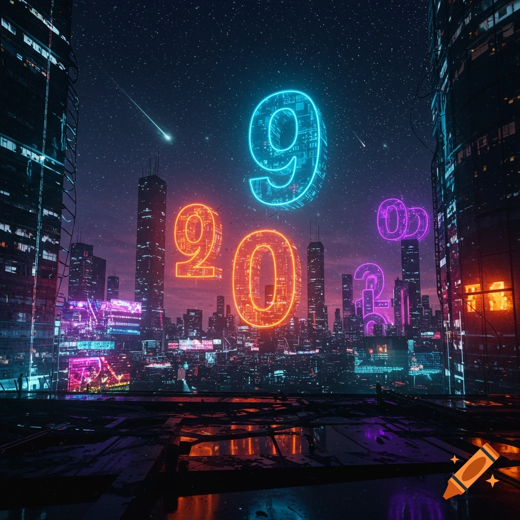 Neon blue "9" and orange "20" float over a futuristic cityscape at night, with smaller purple numbers and a starry sky.