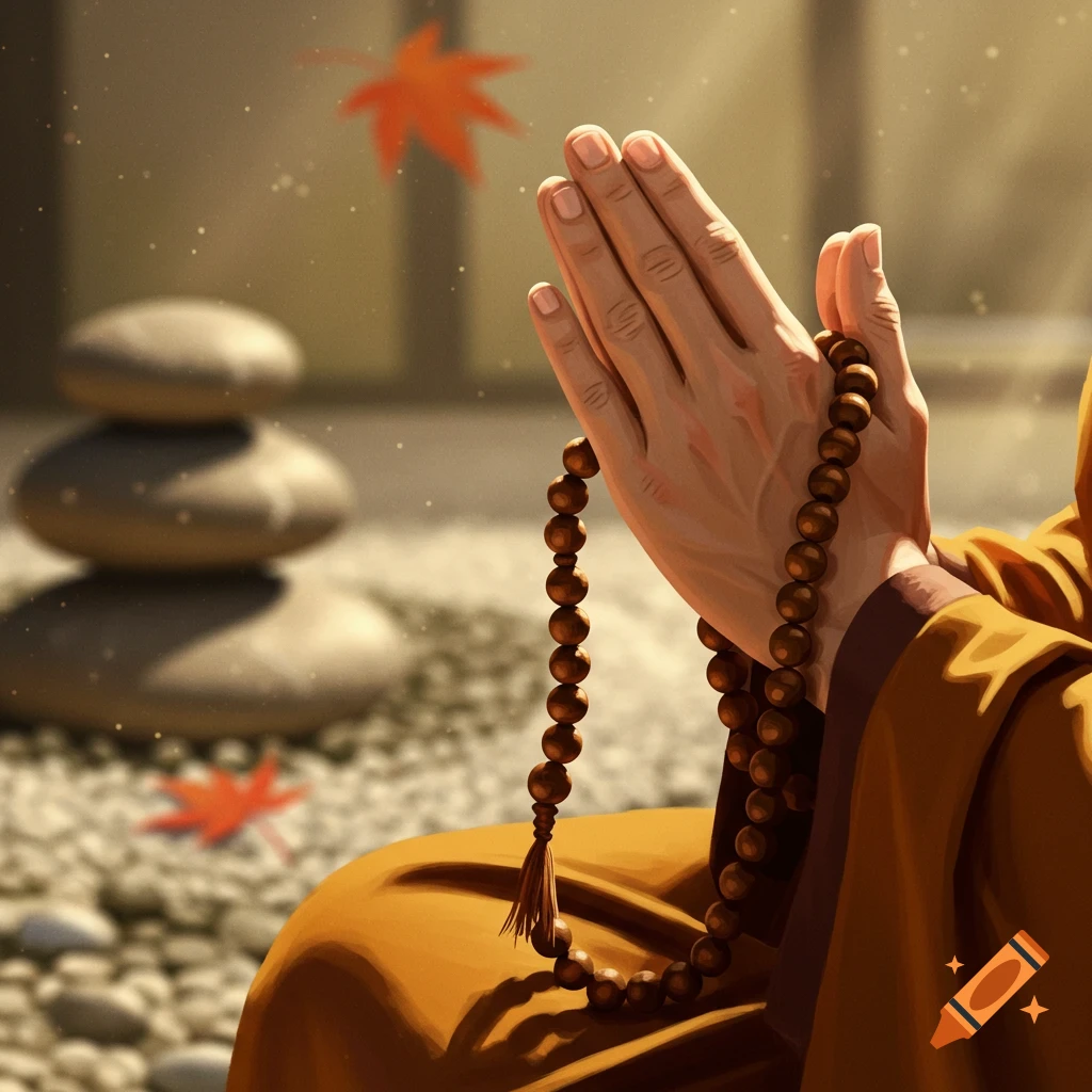 Close-up of a Zen Buddhist monk's hands in prayer holding a mala, with zen stones and maple leaves in the background.