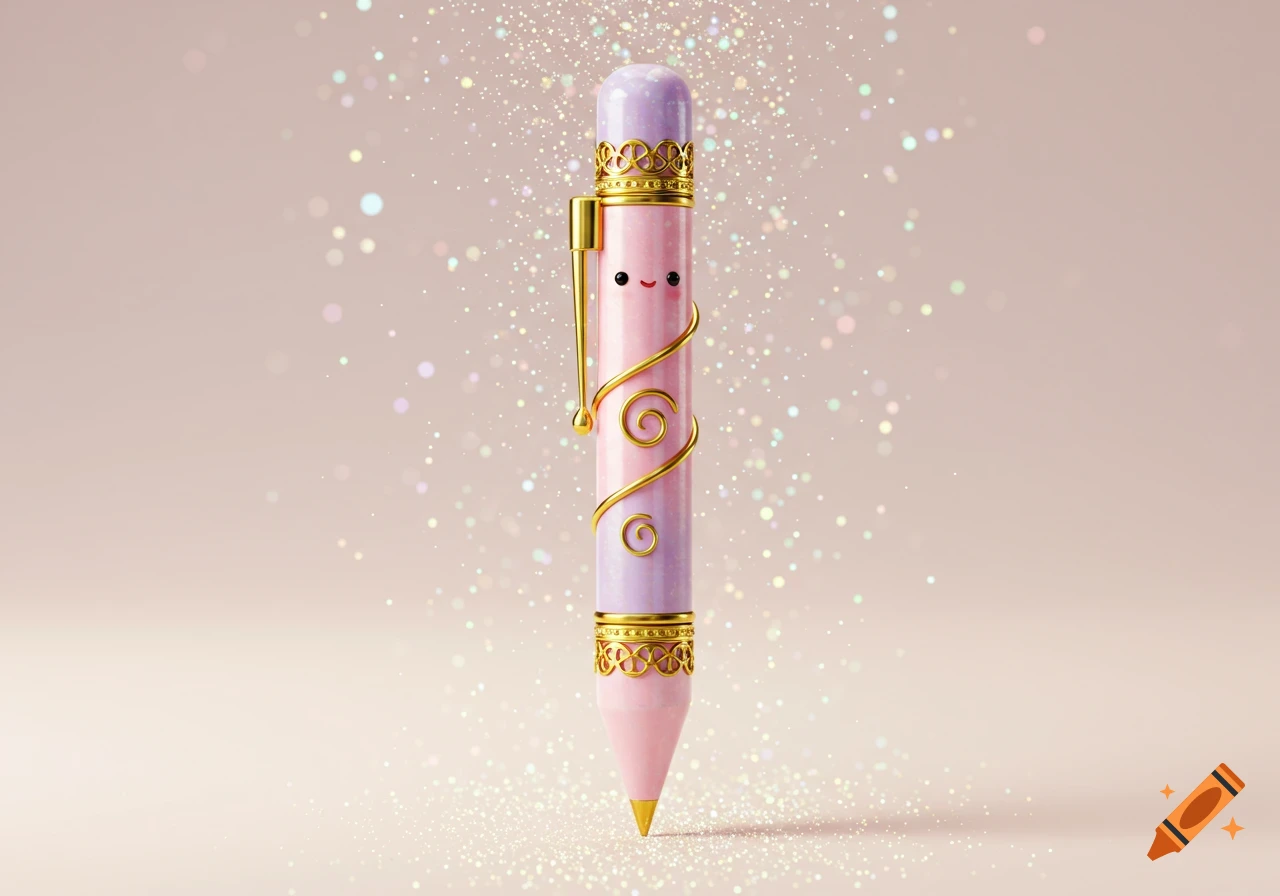 A cute, stylized pink and purple mechanical pencil with golden details, a smiling face, and sparkling glitter on a light background.