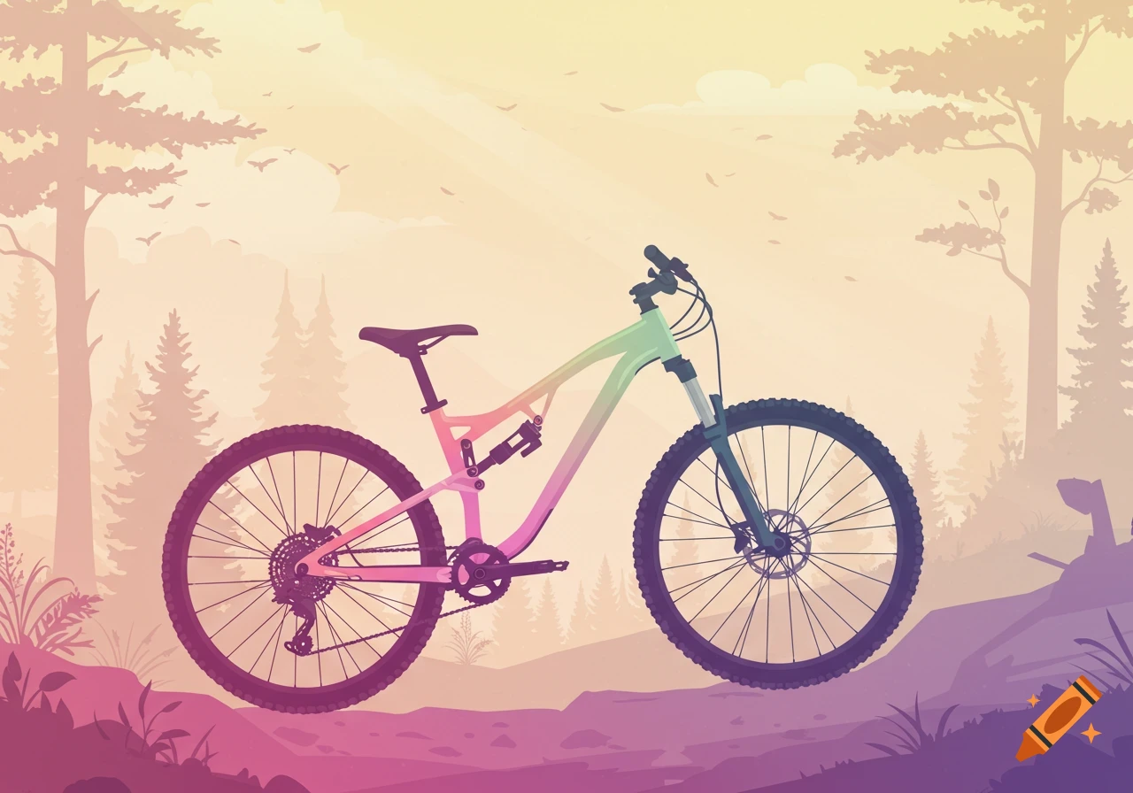 A stylized illustration of a mountain bike with a pink to green rainbow gradient frame on a dirt trail, surrounded by silhouetted trees and a pale, hazy sky.