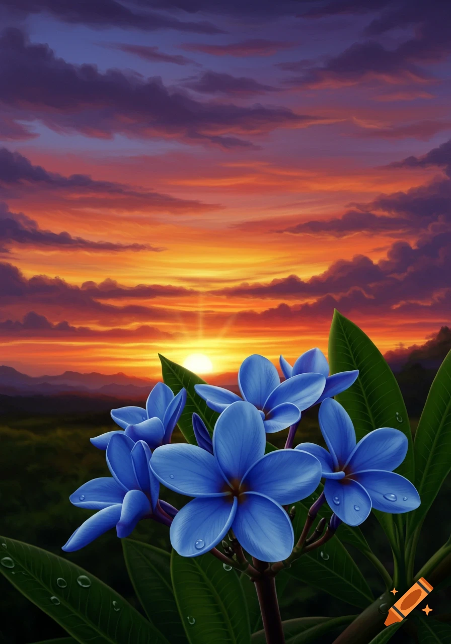 Blue frangipani flowers with water droplets in the foreground against a vibrant orange and purple sunset over mountains.