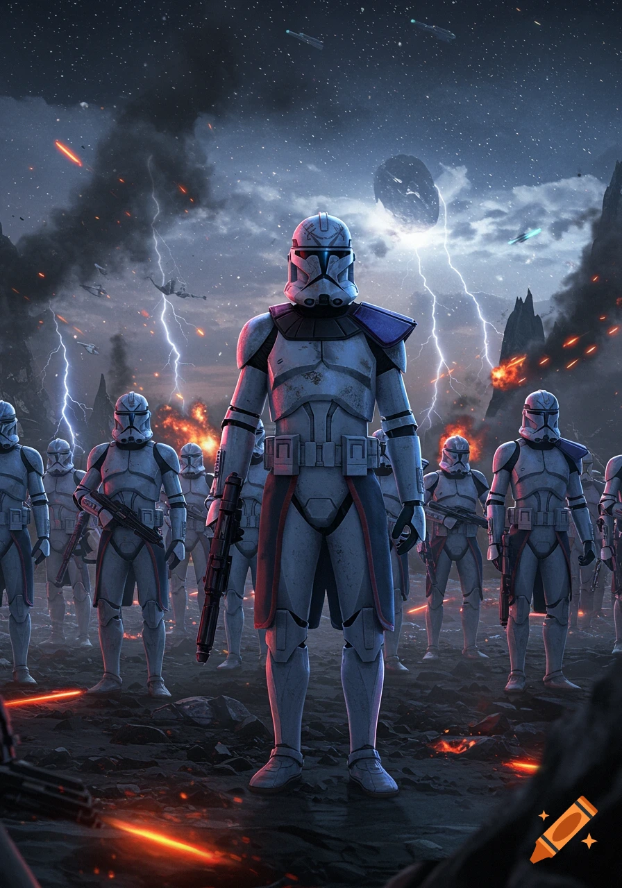 Star Wars Clone Troopers stand on a stormy battlefield with lightning, explosions, and spaceships in a dynamic digital illustration.