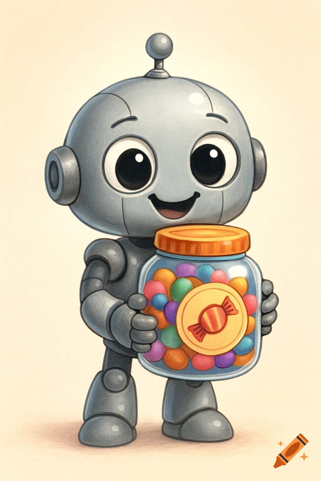 A cute cartoon robot with big eyes, holding a colorful candy jar with a candy illustration on it. The robot looks friendly.