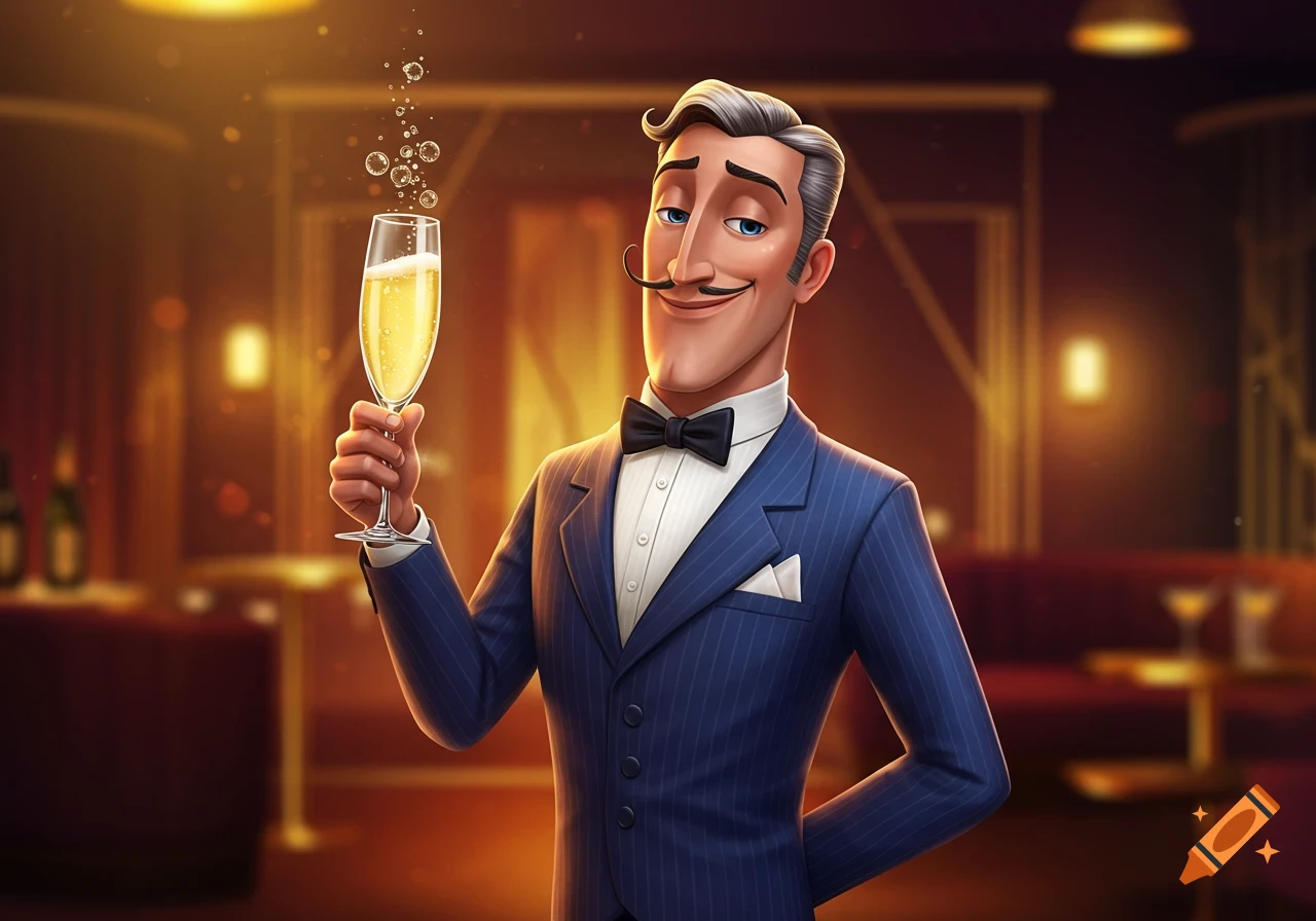 An animated man in a blue pinstripe suit and bow tie, with a mustache, holds a champagne glass in an elegant bar.
