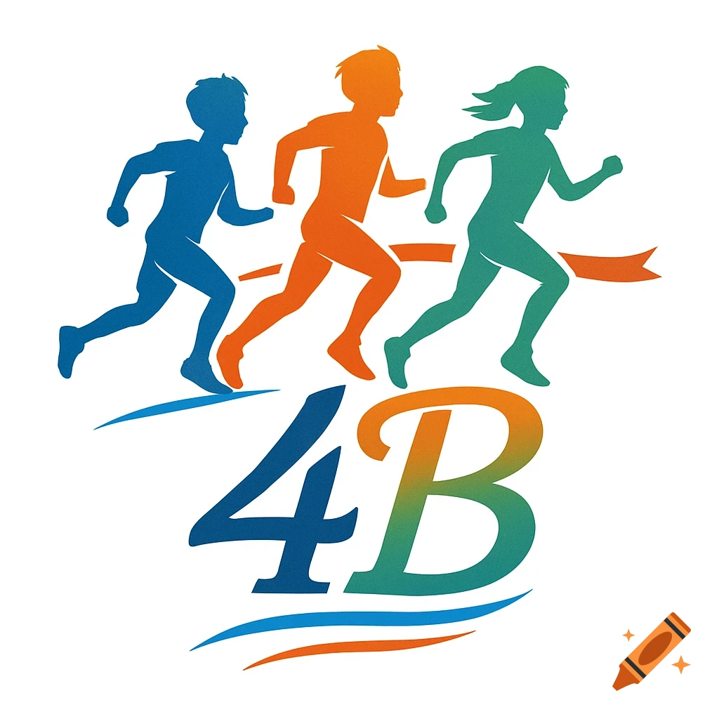 Stylized logo of three children running, one blue boy, one orange boy, and one teal girl, above the text "4B".
