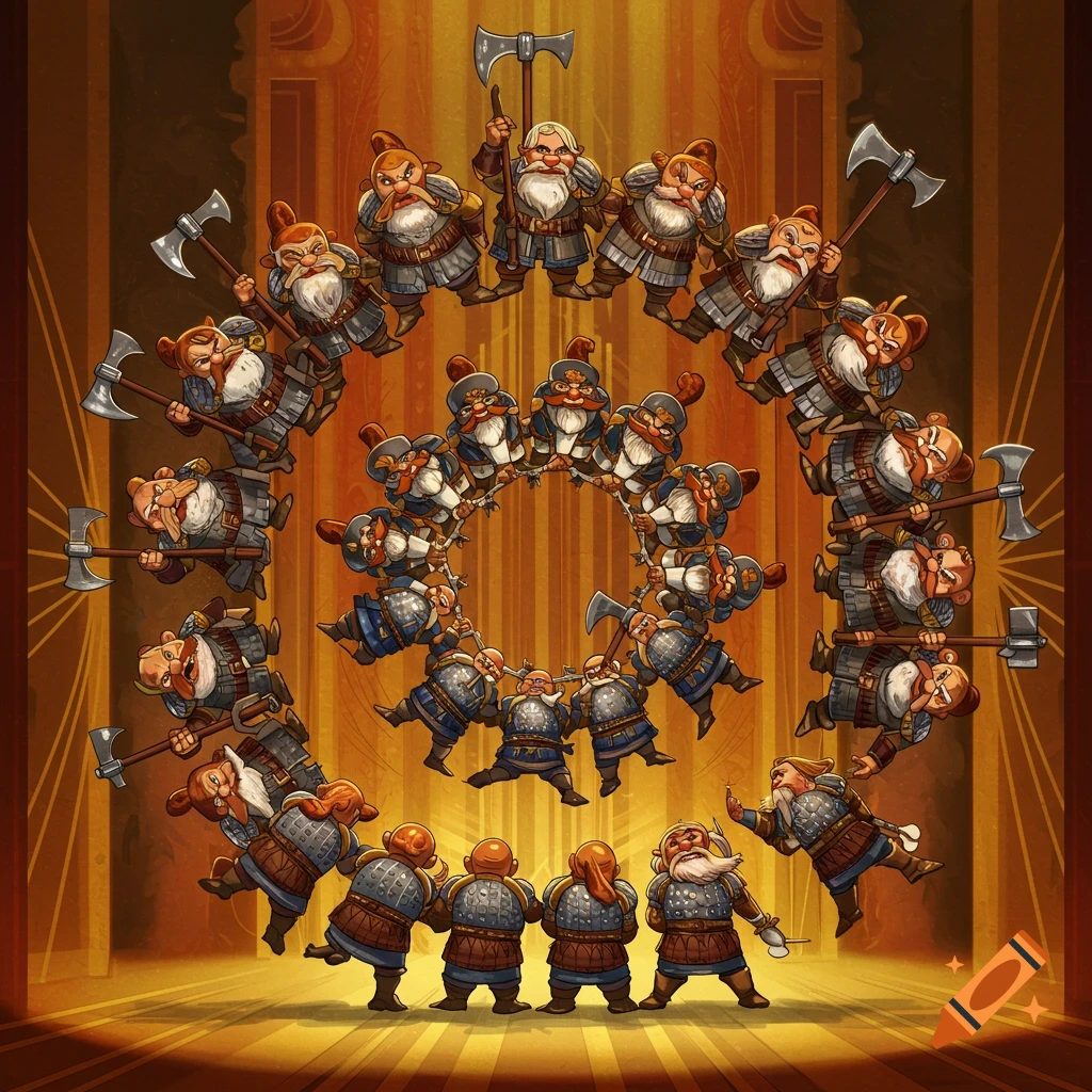 Cartoon illustration of many dwarves with axes choreographed in a Busby Berkeley style circular formation on a golden stage.