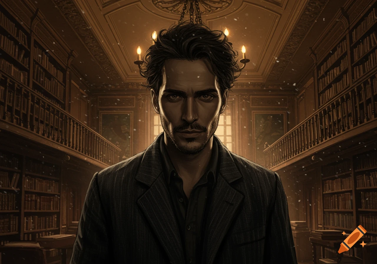 A man with dark hair and a beard looks directly at the viewer in a dimly lit, grand library with chandeliers.