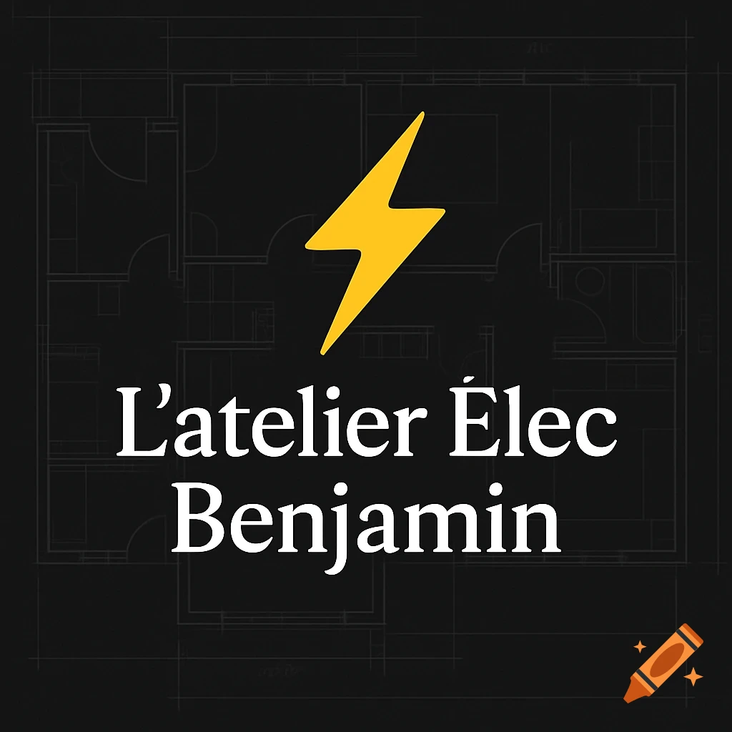 A black logo with a yellow lightning bolt above the white text "L'atelier Élec Benjamin" on a faint blueprint background.
