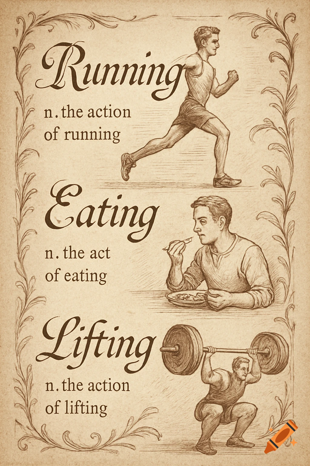 Vintage dictionary illustration defining 'running', 'eating', and 'lifting' with corresponding male figures performing each action.
