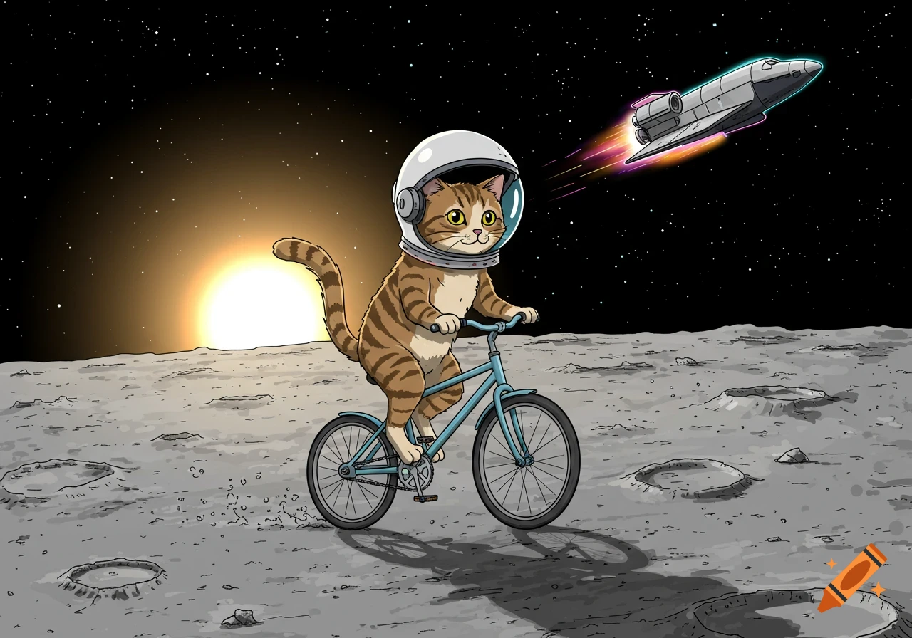 A cartoon cat in an astronaut helmet rides a bicycle on the moon's surface, with the sun and a spaceship in the starry background.