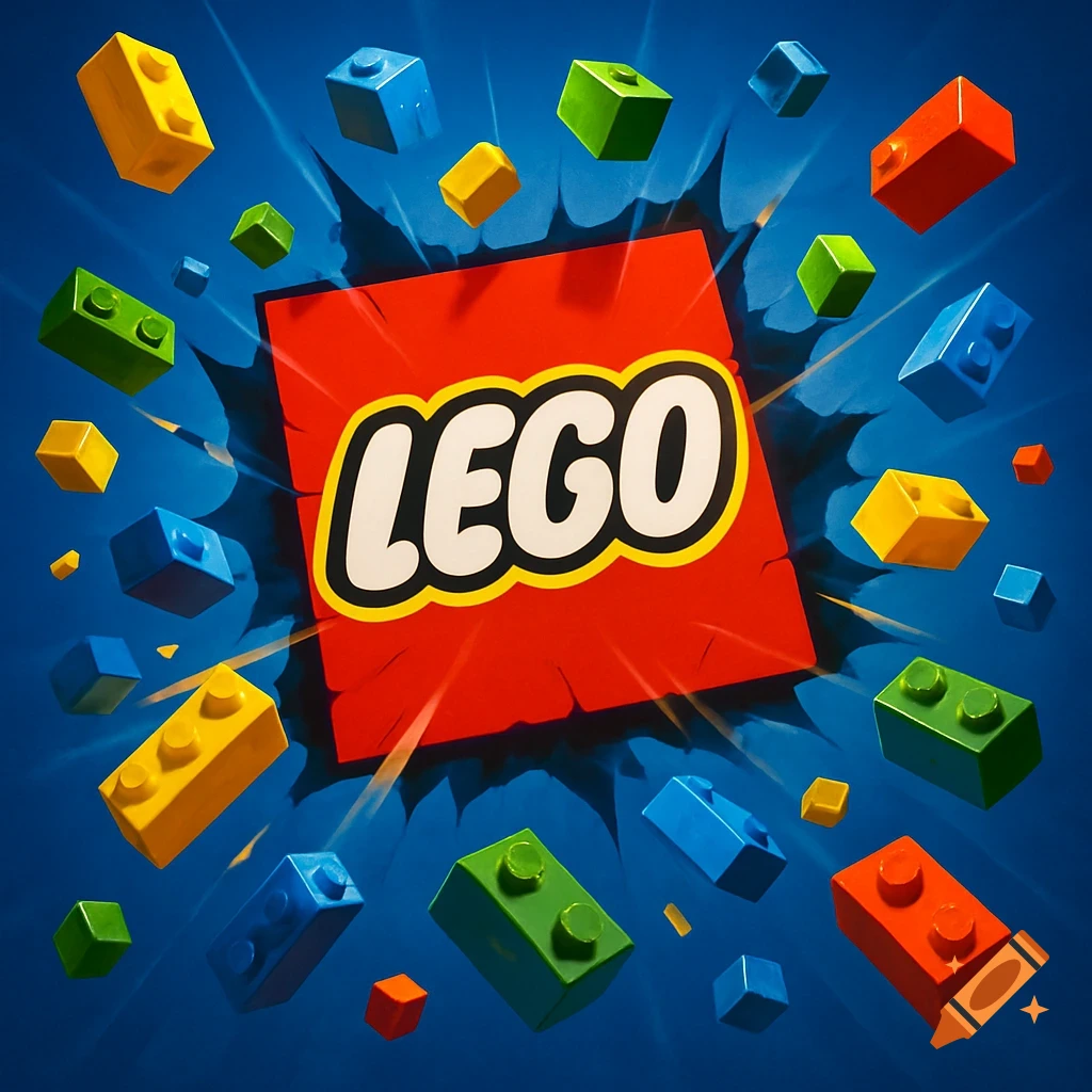 A red LEGO logo bursts through a blue background, surrounded by colorful floating LEGO bricks.