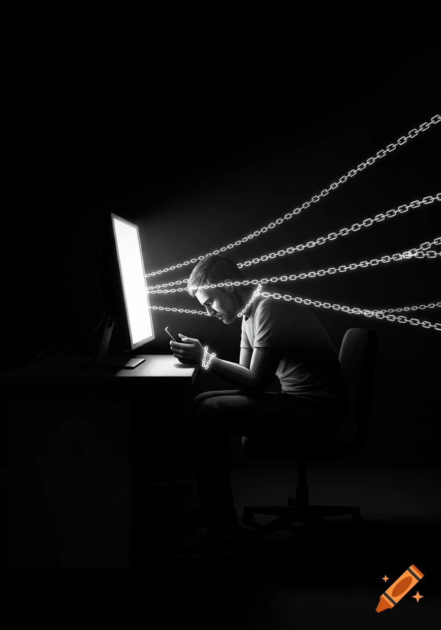 Monochrome illustration of a man chained by light from a glowing computer and phone, symbolizing digital addiction.