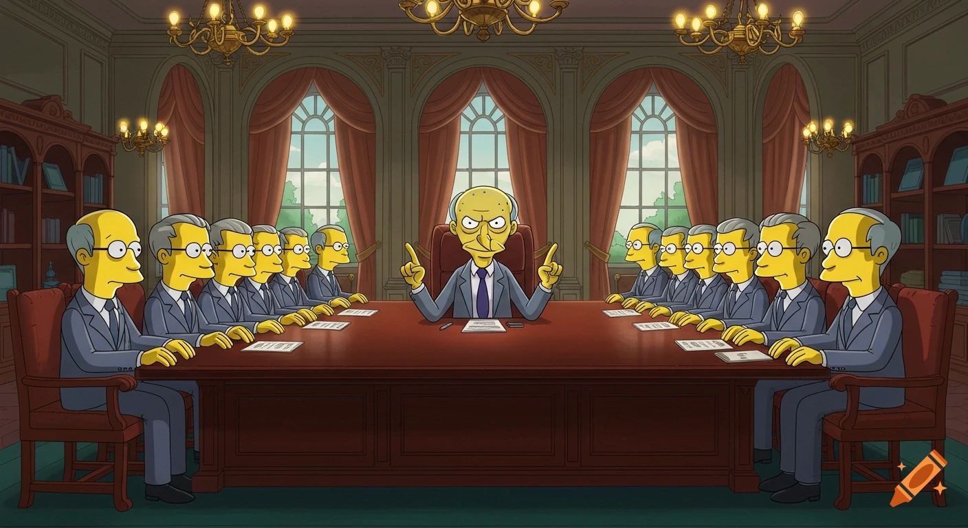 Mr. Burns leads a meeting with many identical Waylon Smithers lookalikes around a long table in a grand room, in The Simpsons animation style.