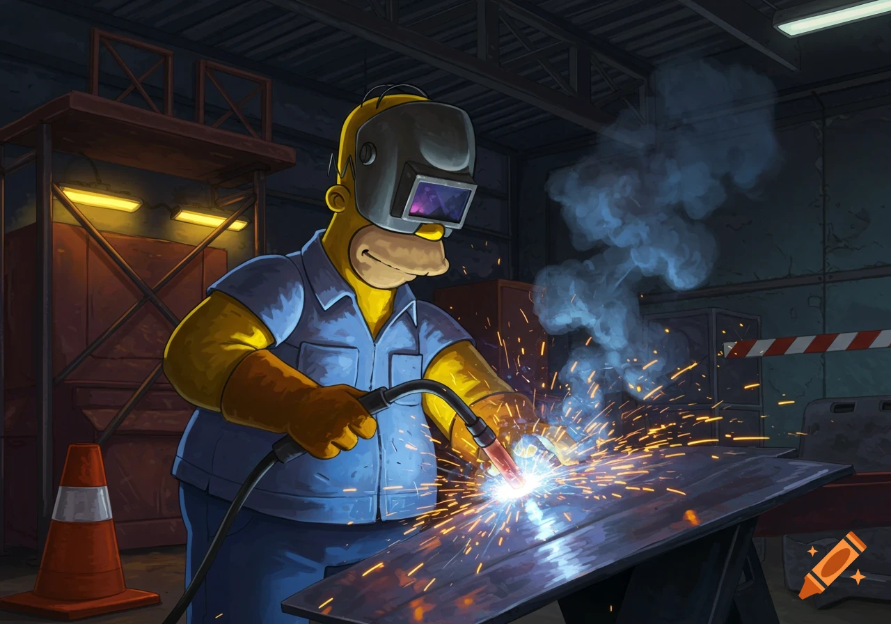 Homer Simpson in a welding mask and blue work shirt, welding a metal sheet with sparks flying in a dark workshop.