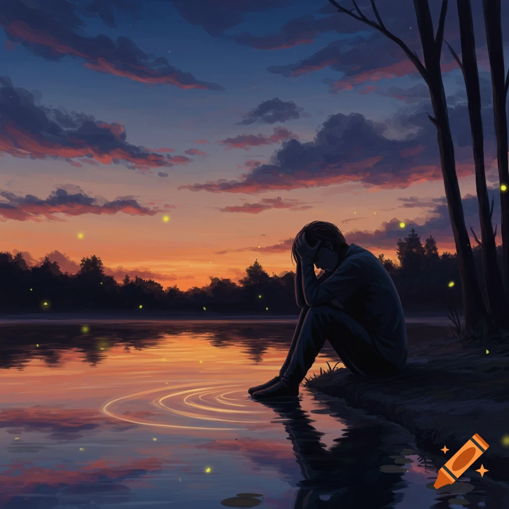 A person sits distressed by a serene lake at twilight, head in hands, under a vibrant sunset sky with fireflies.