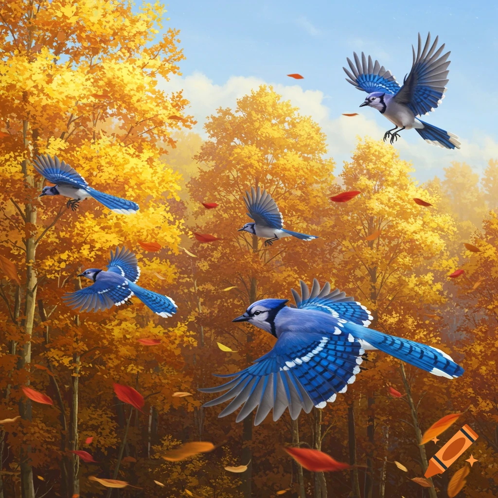 Several blue jays in various flight poses soar among golden and orange autumn trees with falling leaves.