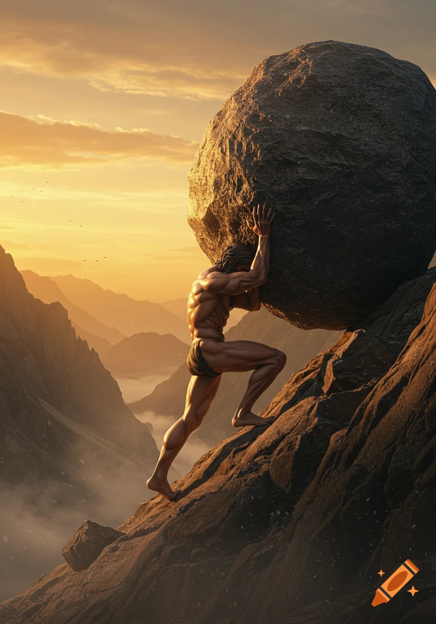 A muscular Sisyphus pushes a giant boulder up a craggy mountain at sunset, with distant misty mountains.