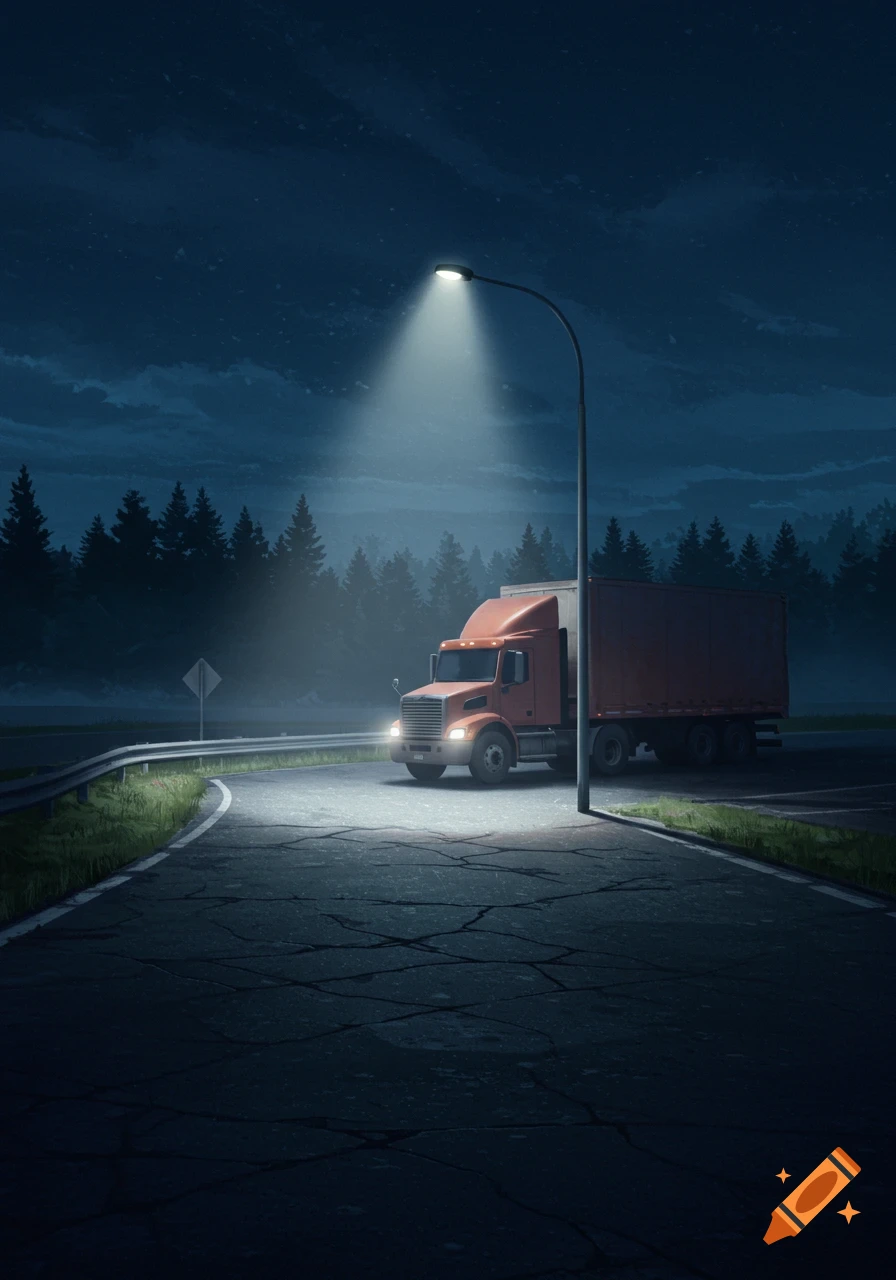 A red semi-truck is parked on a cracked asphalt road, illuminated by a street lamp at night, with a dark forest backdrop. Digital illustration.